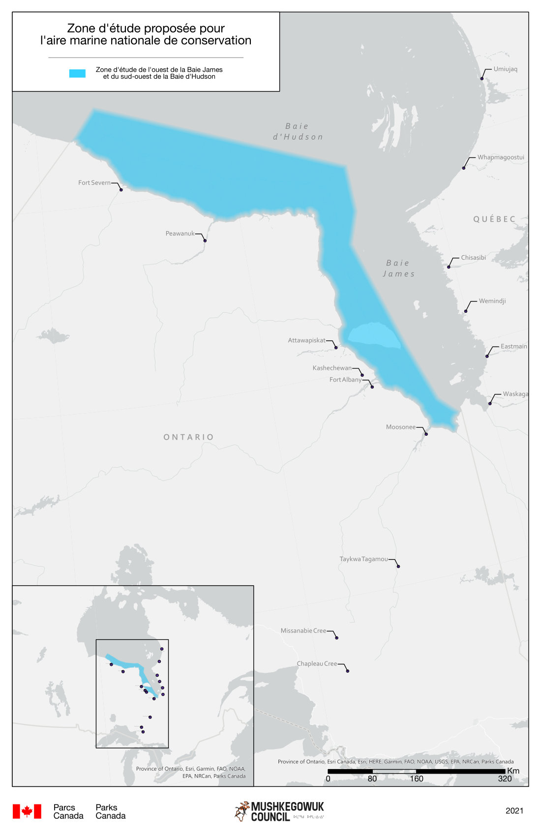 Carte de la zone d'étude de l'AMNC proposée - ouest de Weeneebeg (baie James) et sud-ouest de Washabeyoh (baie d’Hudson) 