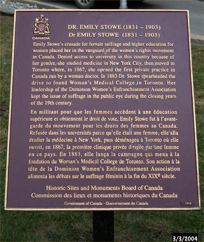 Plaque commémorative du personnage historique national de la docteure Emily Stowe