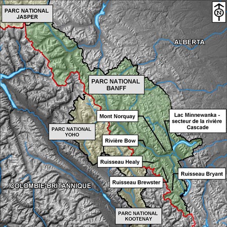 carte du parc national Banff, en identifiant les rivières Brewster Creek, Healy Creek, Bryant Creek et Bow, le mont Cory, Castle Junction et le bassin du lac Minnewanka 