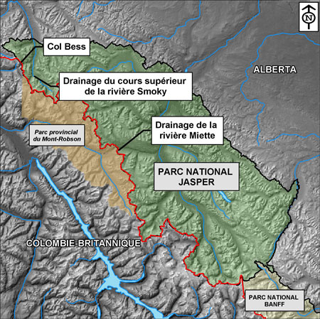 Zoom sur la région de Jasper dans la carte des parcs des montagnes; mise en évidence de la rivière Smoky, du bassin de la rivière Holmes, du bassin hydrographique e la Miette et du col Bess 
