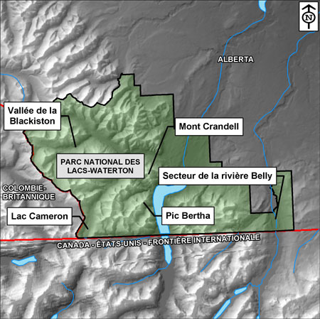 Zoom sur la région de Waterton dans la carte des parcs des montagnes. Identifier le mont Crandell, le pic Bertha, la vallée de la rivière Blackiston, le lac Cameron et la rivière Belly.