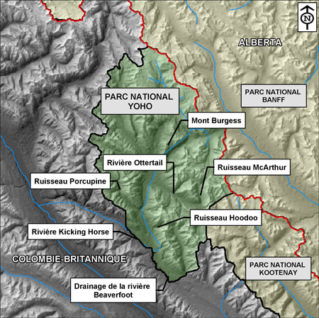 carte du parc national Yoho en mettant en évidence les rivières Hoodoo Creek, MacArthur Creek, Beaverfoot et Kicking Horse 