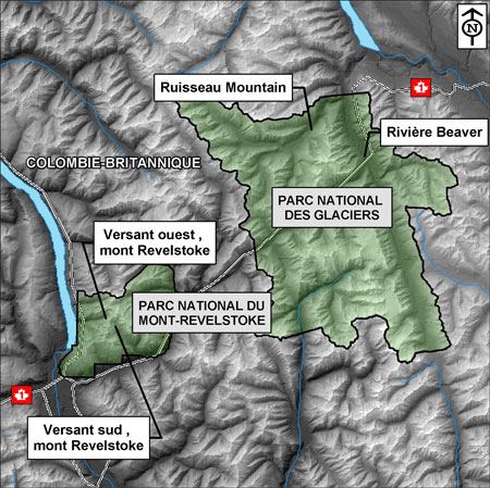 Zoom sur la région des parcs nationaux Mont-Revelstoke et Glaciers dans la carte des parcs des montagnes. Identifier versant sud, mont Revelstoke, versant ouest, mont Revelstoke, le ruisseau Mountain, et la rivière Beaver.