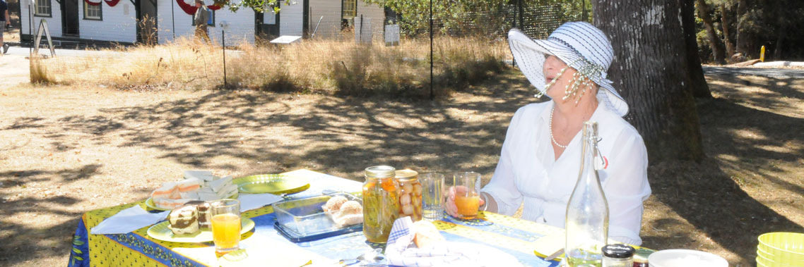Une personne habillée sur son 31 et portant un chapeau est assise à une table de pique-nique couverte de friandises.