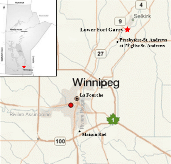 Une carte du sud du Manitoba montre principalement Winnipeg et ses environs. Lower Fort Garry, le presbytère St. Andrew’s, La  Fourche et la Maison-Riel y sont tous indiqués.