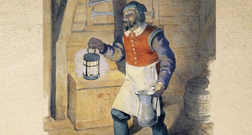 Une peinture d’un homme tenant une lanterne et un pichet.