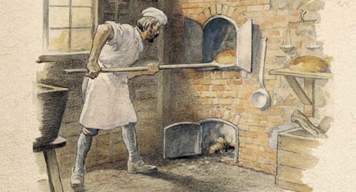 Une peinture d’un homme faisant cuire un pain dans un four en pierre.