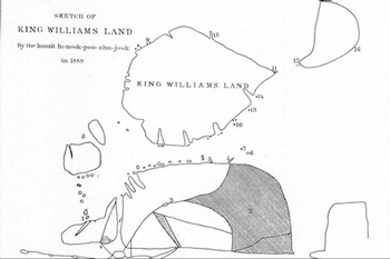 La carte dessinée nomme l'Île du Roi-Guillaume au centre vers le haut. Il y a deux autres îles; une en haut à la droite de l'image et une au bas de l'Île du Roi-Guillaume.