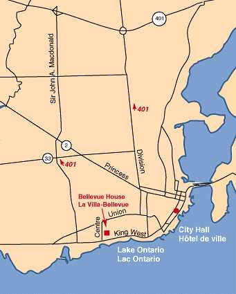 Carte de Kingston indiquant les rues et routes principales menant à la Villa-Bellevue.