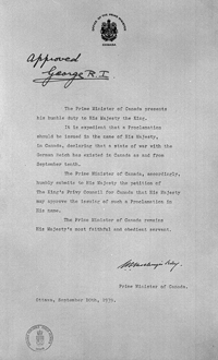 Declaration of War against German Third Reich, September 10 1939. Please click on the Declaration of War to read its details. 