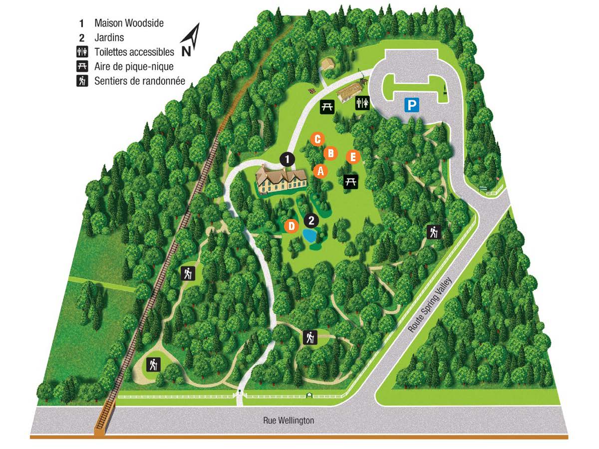 Woodside se compose de 4,65 hectares (11,5 acres) d’arbres, de collines, de pelouse et de zones humides. Des lettres sur la carte aﬁn de représenter les éléments du paysage historique. 