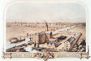 gravure promotionnelle superbement ornée montrant la raffinerie, le canal et la ville à l'arrière-plan