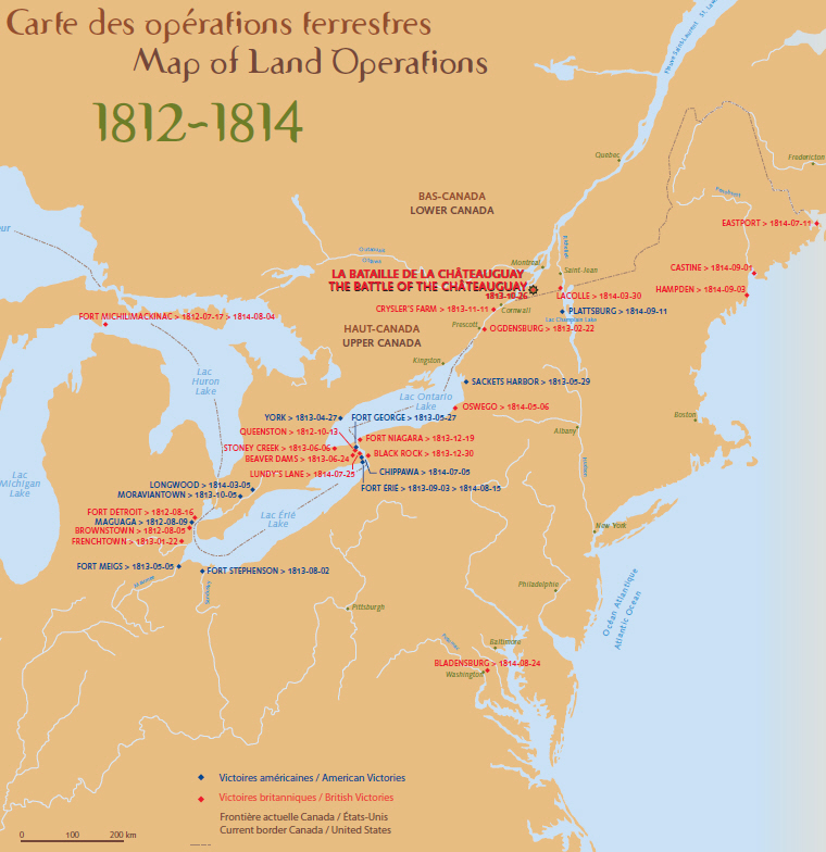 Carte des opérations terrestres de la guerre de 1812 indiquant les victoires britanniques et américaines