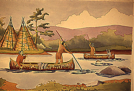 Groupe d'autochtones voyageant sur le fleuve en canot d'écorce