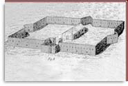 Dessin représentant le premier fort de bois de Chambly. Le fort est une palissade à quatre côtés. Trois de ceux-ci possèdent un redan. Un tambour protège la porte du dernier côté. Le dessin permet de voir un bâtiment à l'intérieur du périmètre du fort.
