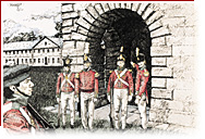 Quatre soldats en uniforme sont postés devant une porte. Un autre soldat les regarde.