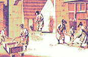 Un dessin du 18e siècle représentant deux ouvriers qui déversent de la fonte liquide dans un moule en sable à l'intérieur d'une boîte de bois, un autre qui recueille de la fonte liquide directement du haut fourneau et trois autres ouvriers qui déversent de la fonte liquide dans un moule enterré.