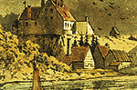 Un dessin montrant la rivière Saint-Maurice et en arrière plan les bâtiments du village des Forges-du-Saint-Maurice, particulièrement la forge basse et la grande maison, par Joseph Bouchette junior, 1831.