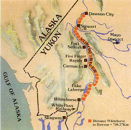 Carte de fleuve Yukon avec Whitehorse, Dawson, Stewart et Mayo