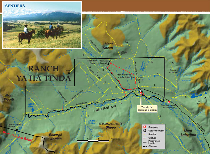 carte de sentiers dans les anviron du ranch Ya Ha Tinda