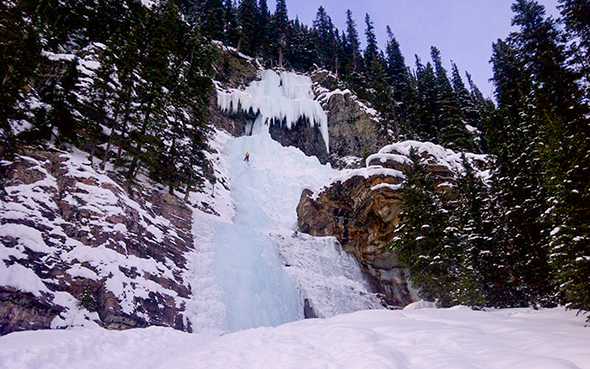 Ice climbers on Louise Falls at the back of Lake Louise. 