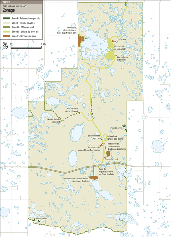  Carte 3 : Zonage du parc national Elk Island
 — La version textuelle suit.