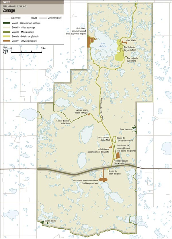 Carte 3 : Zonage du parc national Elk Island, version textuelle suit