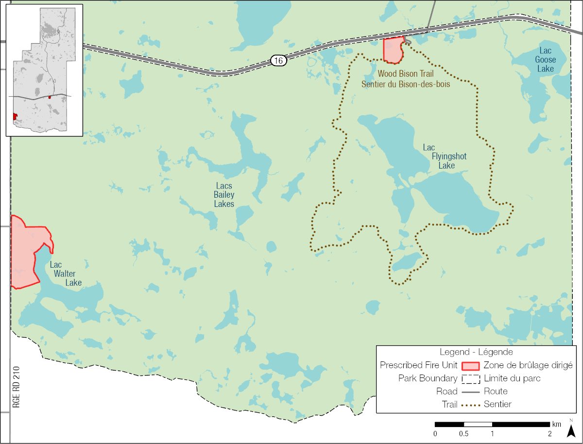 Cette carte identifie la zone visée par le brûlage dirigé au bloc sud située dans le parc national Elk Island.