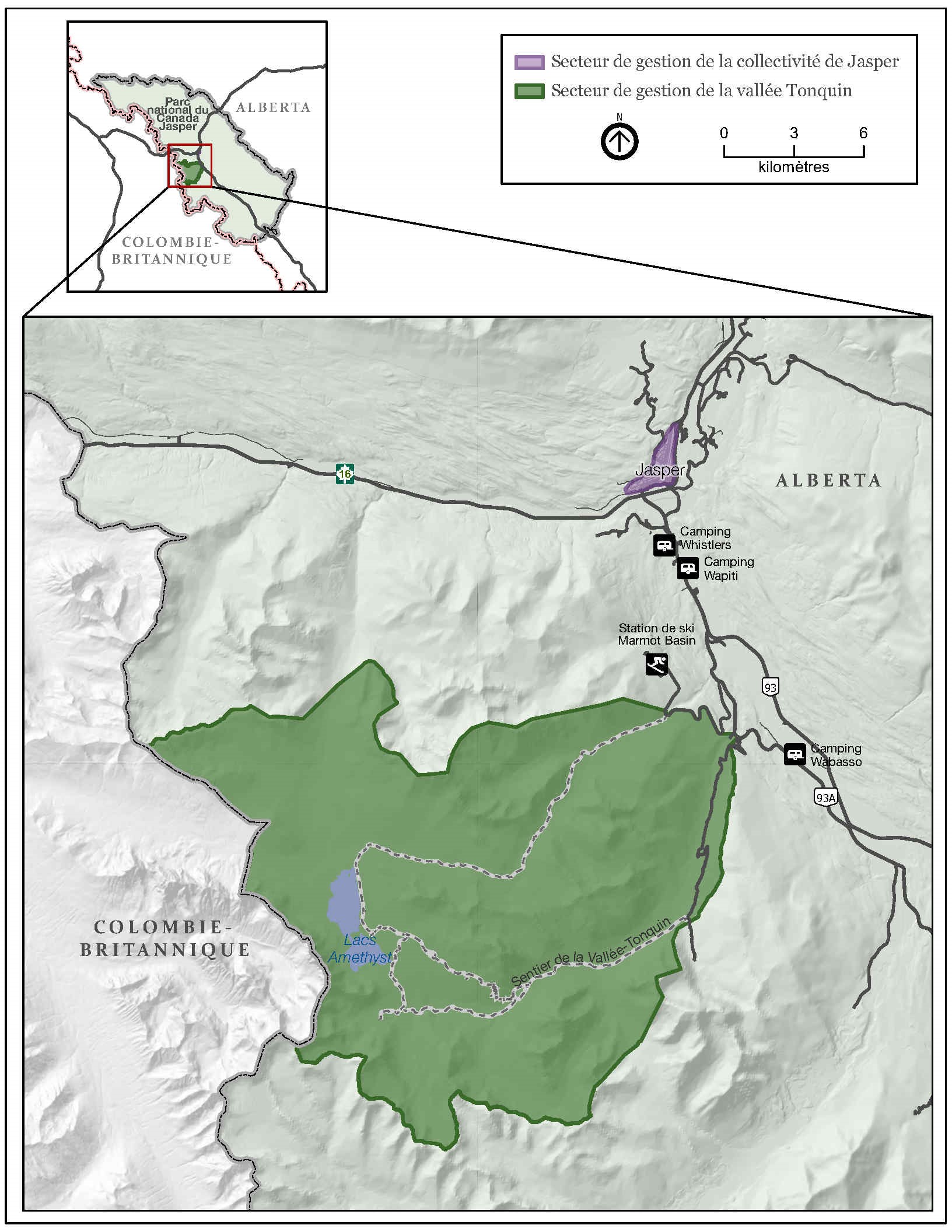 Carte montrant les secteurs de gestion de la collectivité de Jasper et de la vallée Tonquin dans le parc national de Jasper.