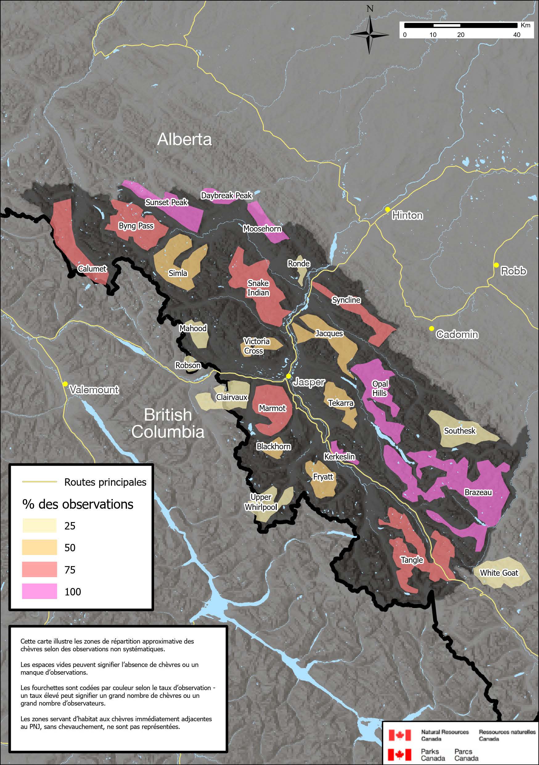 Figure 12. Répartition approximative des chèvres de montagne dans le parc national Jasper, en fonction des observations historiques.