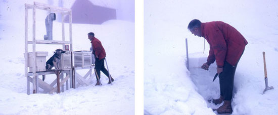 Noel Gardner surveille la neige et les conditions météorologiques au mont Fidelity, 1962