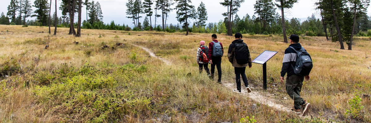 Quatre
personnes marchent le long du sentier Letwilc7úl̓ecw en Parc national Kootenay