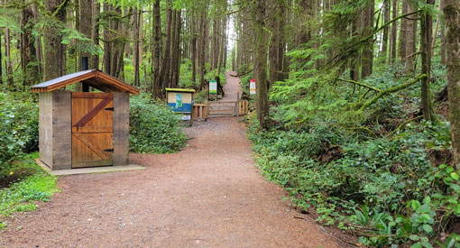 Sentier menant dans la forêt avec des panneaux et des toilettes sèches au premier plan.