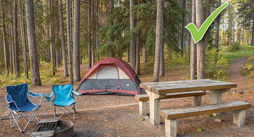 Un emplacement de camping propre. Une tente et des chaises de camping sont visibles. Les objets liés à la nourriture et les produits parfumés sont rangés dans un véhicule à parois rigides ou dans le casier à provisions du camping.