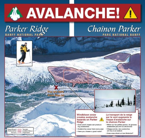 Carte de Chaînon Parker, parc national Banff, terrain avalancheux important.  Le transport de la neige par le vent augmente le risque d'avalanche sur le chaînon Parker. Même sur les petites pentes, de grosses avalanches peuvent se déclencher. Chaque année, des avalanches on lieu à cet endroit. Avez-vous choisi n bon itinéraire? 