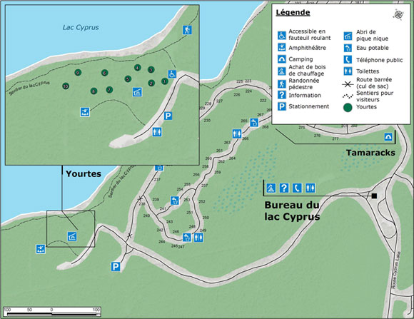 Carte montrant les yourtes au lac Cyprus