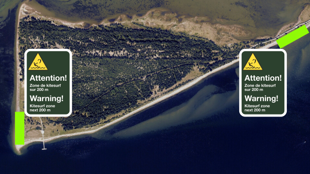 Image satellite de Penouille où deux zones de kitesurf sont mises en évidence en vert. 