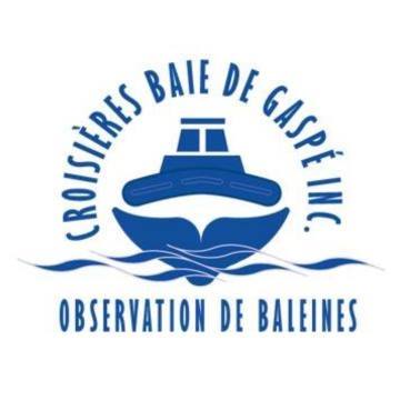 Logo des Croisières Baie de Gaspé illustrant une embarcation vue de face et dont la coque rappelle la queue échancrée d'une baleine plongeant dans des vagues. 
