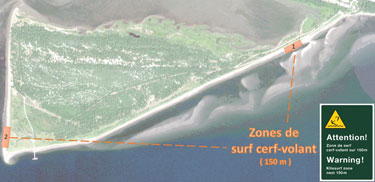 Carte identifiant les zones de surf cerf-volant à Penouille.