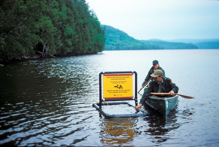 Un panneau d’affichage flotte sur un lac. Sur le panneau, il est écrit « aire de nidification du huard, arrêt interdit sur les îles ».