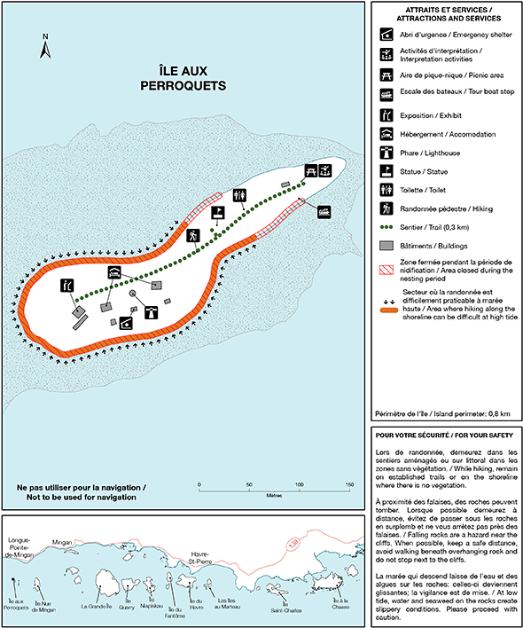 Carte des sentiers et des installations de l'île aux Perroquets