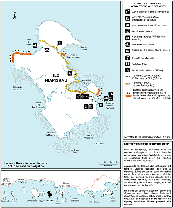 Carte des sentiers et des installations de l'île Niapiskau