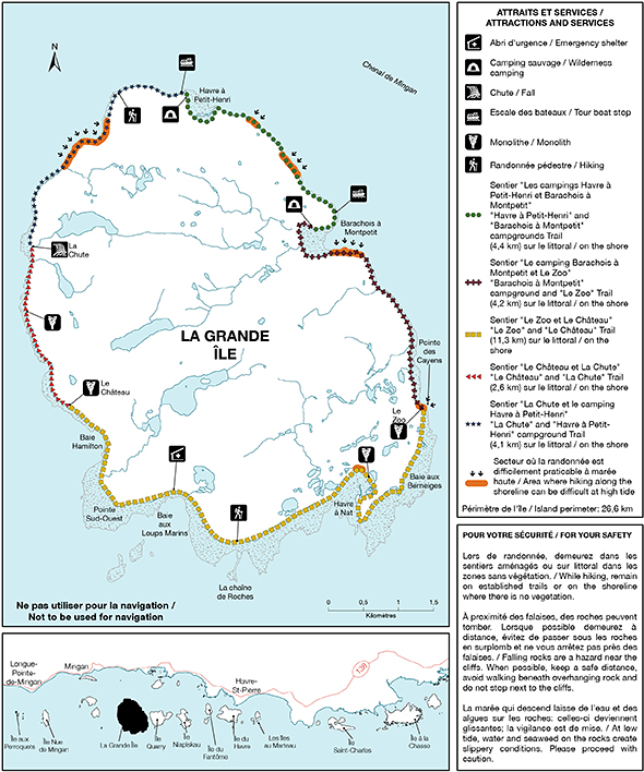 Carte des sentiers et des installations de la Grande île 