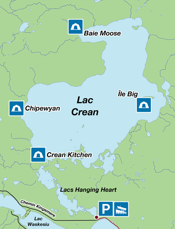 Carte des campings du lac Crean.