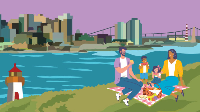 Illustration de deux adultes et de deux enfants qui font un pique-nique au bord d’un cours d’eau.