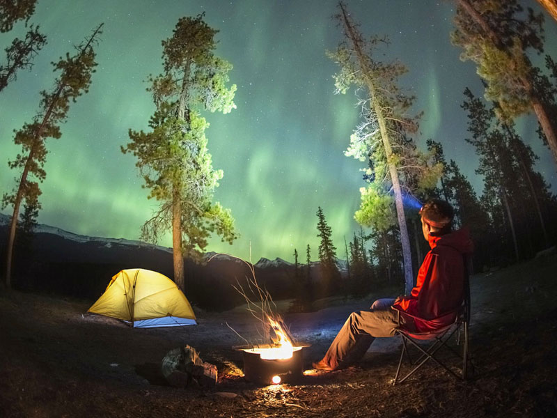 Un homme observe des aurores boréales assis près d'un feu de camp et de sa tente.