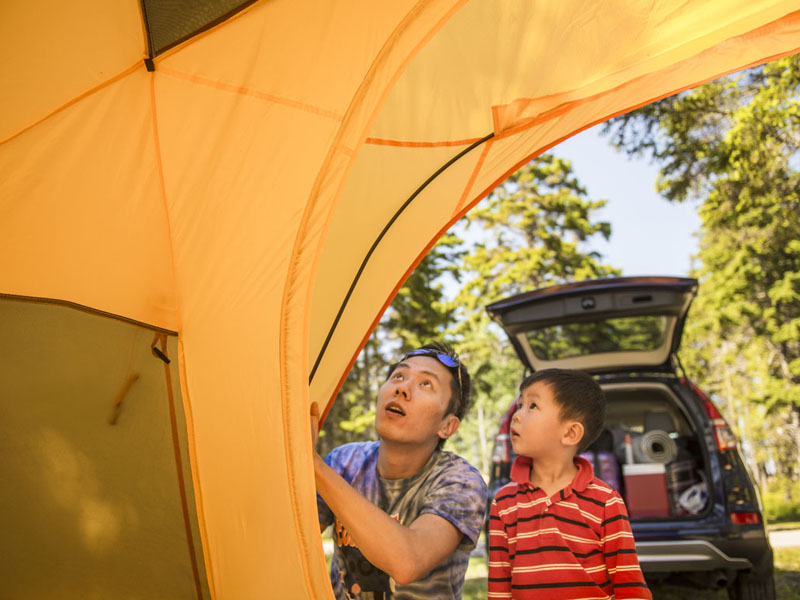 Un jeune garçon aide son père à monter une tente.