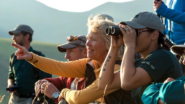 A group of visitors and staff look into the distance in Ivvavik National Park.