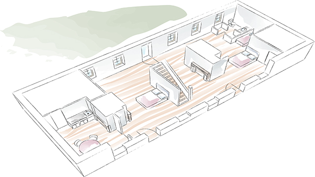 A hand drawn floor plan that shows the main floor of Lartigue house: a kitchenette is in the left corner, next a bed which is partitioned by the staircase in the centre of the room. On the right side of the staircase is a living room which partitions the next bedroom and the bathroom in the far right corner