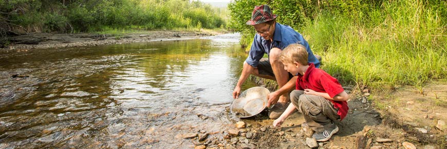 Un père et son fils font une batée à la recherche d'or au ruisseau Bonanza.